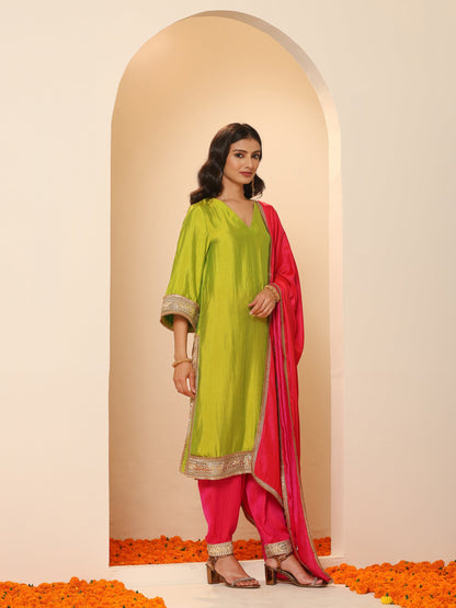 Dhiyona ST Women's Chartreuse Lemon Kurta with Fuchsia Pyjama and Laces 2 Piece Set | A-Line, V Neck, Full Sleeves, Pyjama, Festive Wear, (Satin)