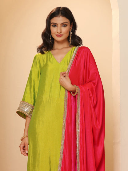 Dhiyona ST Women's Chartreuse Lemon Kurta with Fuchsia Pyjama and Laces 2 Piece Set | A-Line, V Neck, Full Sleeves, Pyjama, Festive Wear, (Satin)