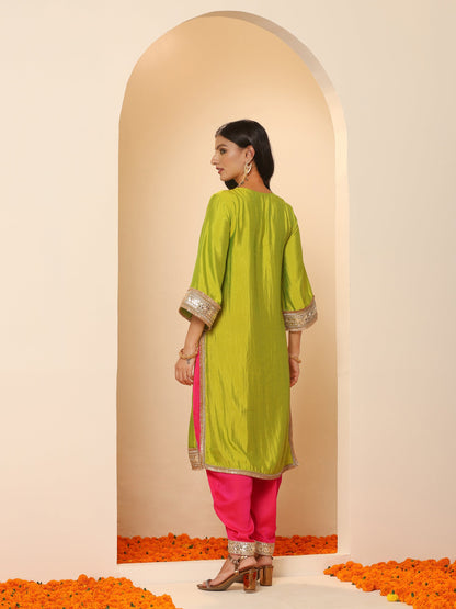 Dhiyona ST Women's Chartreuse Lemon Kurta with Fuchsia Pyjama and Laces 2 Piece Set | A-Line, V Neck, Full Sleeves, Pyjama, Festive Wear, (Satin)