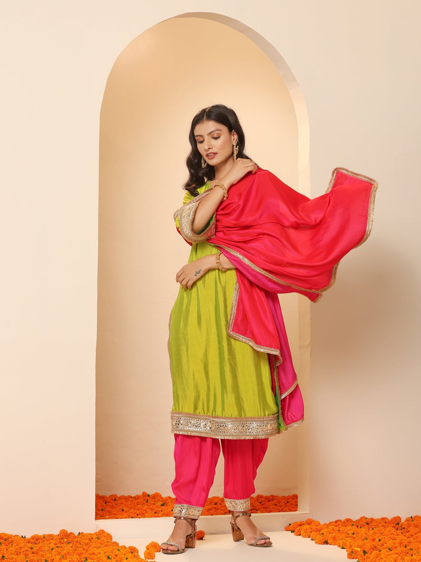 Dhiyona ST 1 Pc - Fuschia Satin Dupatta  with Lace