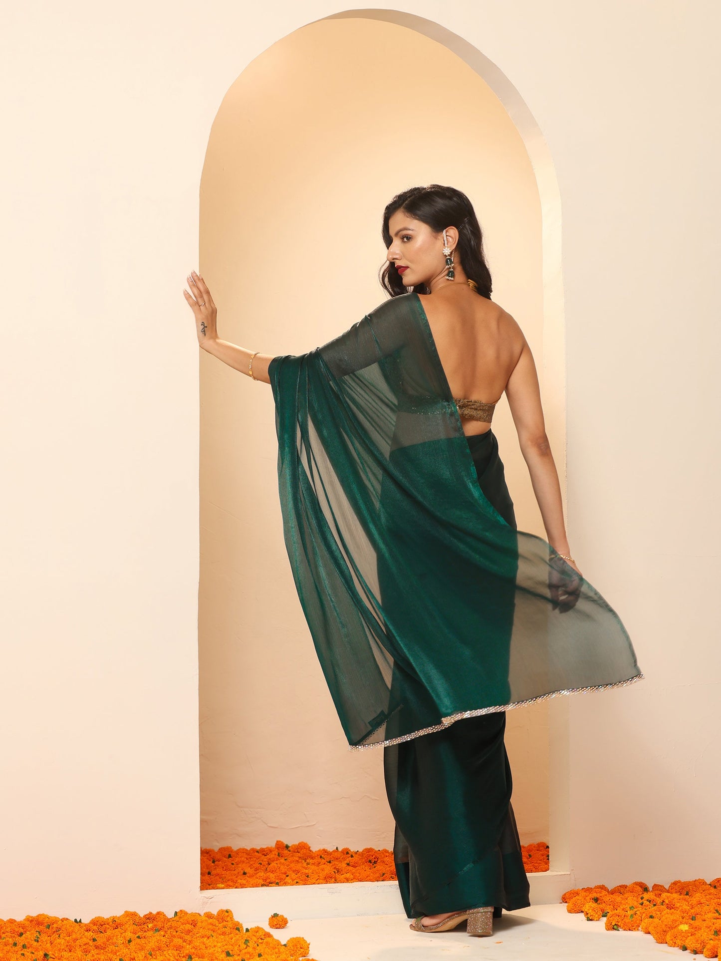 Dhiyona ST Primal Green Blue Shimmer Chiffon Dual Shade Saree