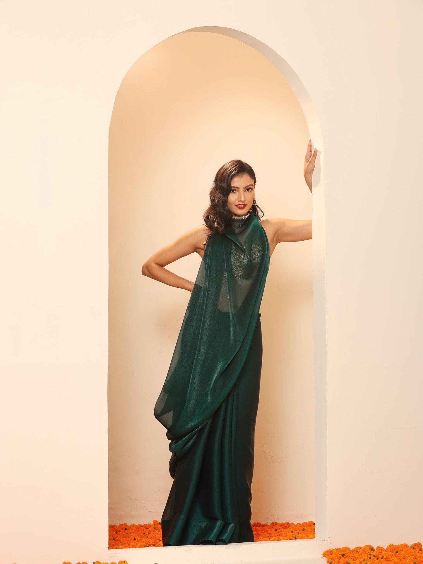 Dhiyona ST Primal Green Blue Shimmer Chiffon Dual Shade Saree