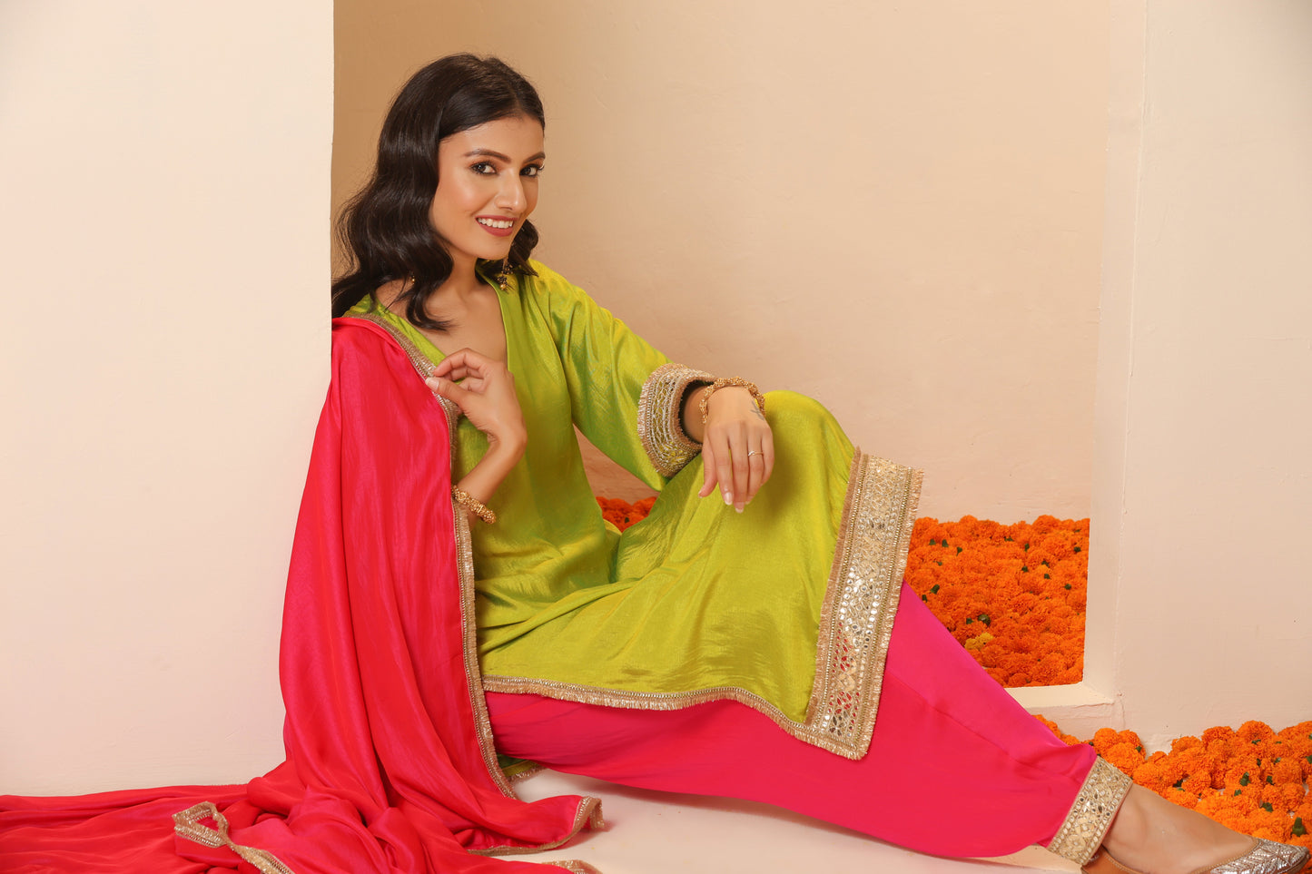 Dhiyona ST 1 Pc - Fuschia Satin Dupatta  with Lace