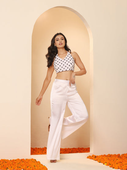 Dhiyona ST Women's White Satin Pant, Jacket and Polka Halter Blouse Set 3 Piece Set | Straight Fit, Halter Neck, Sleeveless, Pants, Casual Wear, Partywear, (Satin)