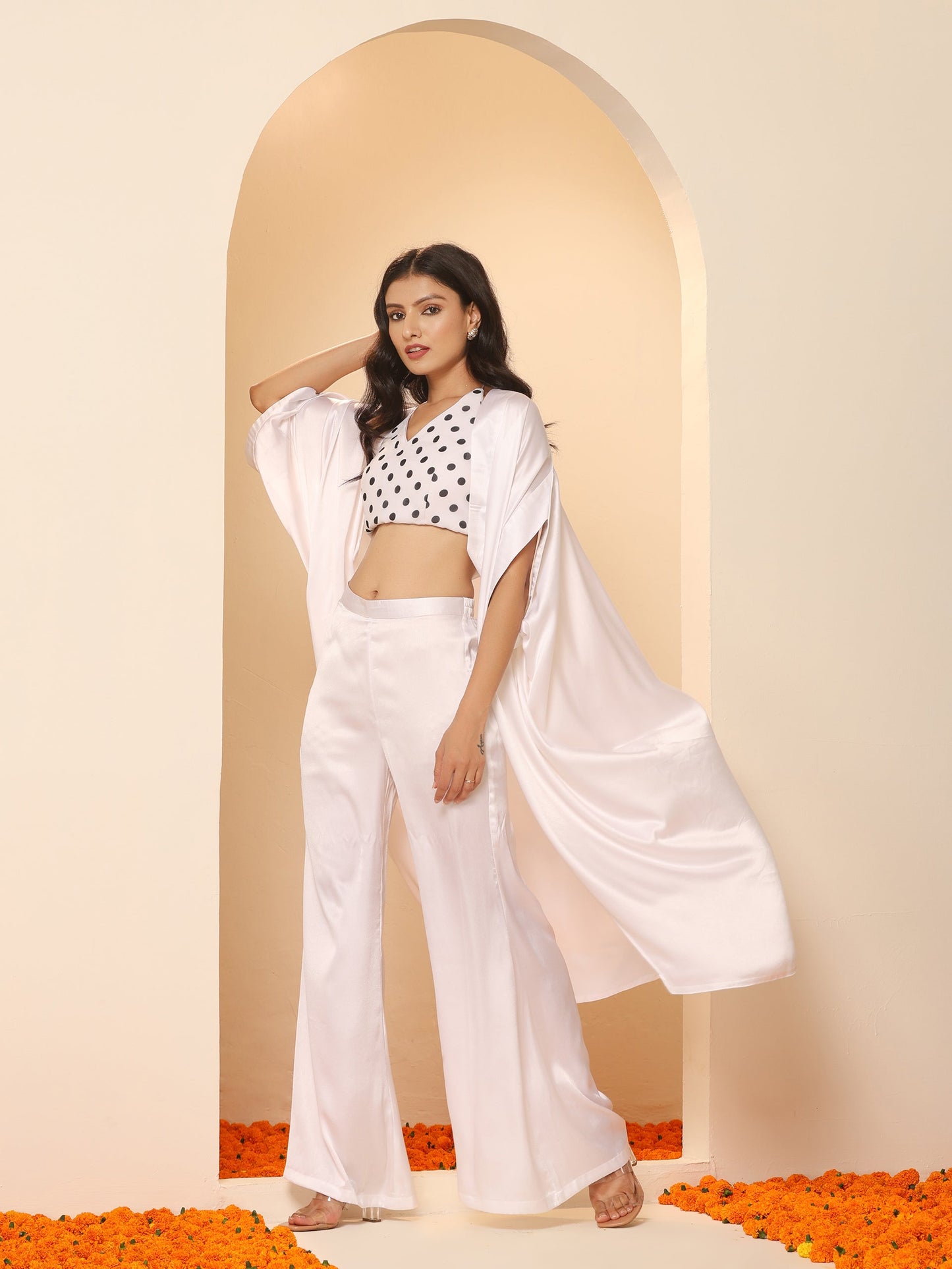 Dhiyona ST Women's White Satin Pant, Jacket and Polka Halter Blouse Set 3 Piece Set | Straight Fit, Halter Neck, Sleeveless, Pants, Casual Wear, Partywear, (Satin)