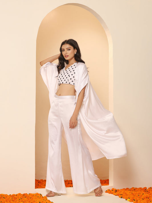 Dhiyona ST Women's White Satin Pant, Jacket and Polka Halter Blouse Set 3 Piece Set | Straight Fit, Halter Neck, Sleeveless, Pants, Casual Wear, Partywear, (Satin)