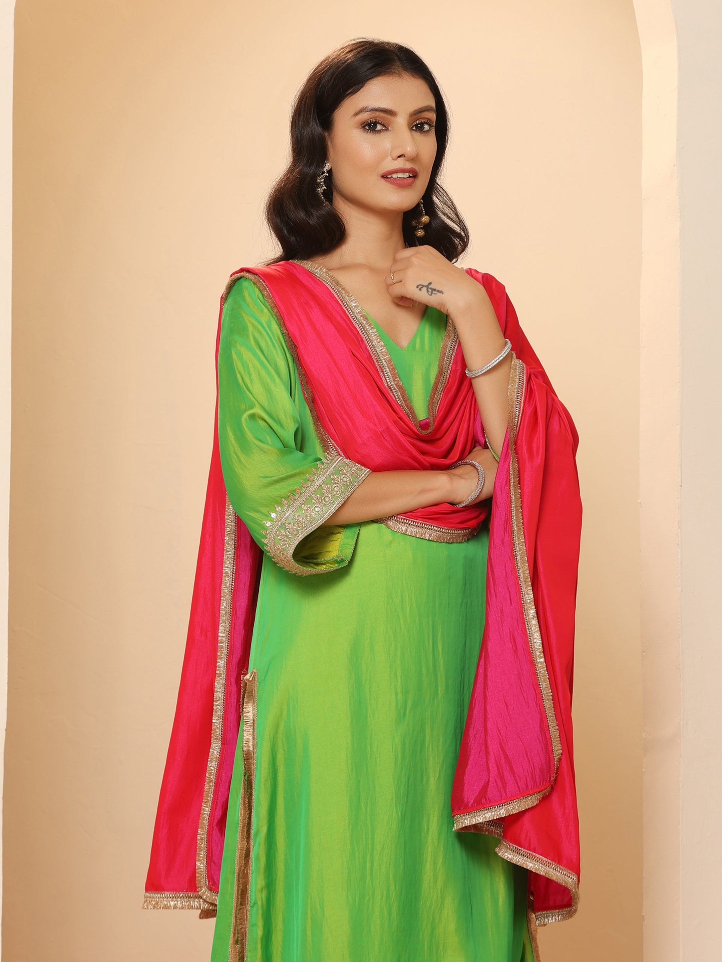 Dhiyona ST 1 Pc - Fuschia Satin Dupatta  with Lace