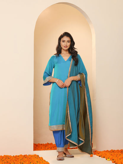 Dhiyona ST Women's Sapphire Blue Kurta with Pyjama and Laces 2 Piece Set | A-Line, V Neck, 3/4 Sleeves, Pyjama, Festive Wear, (Satin)