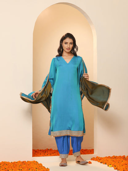 Dhiyona ST Women's Sapphire Blue Kurta with Pyjama and Laces 2 Piece Set | A-Line, V Neck, 3/4 Sleeves, Pyjama, Festive Wear, (Satin)