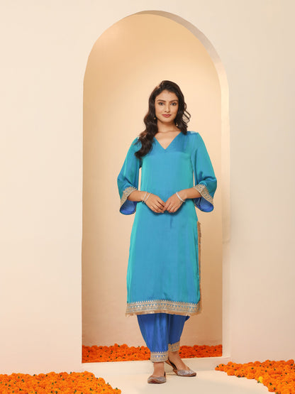 Dhiyona ST Women's Sapphire Blue Kurta with Pyjama and Laces 2 Piece Set | A-Line, V Neck, 3/4 Sleeves, Pyjama, Festive Wear, (Satin)