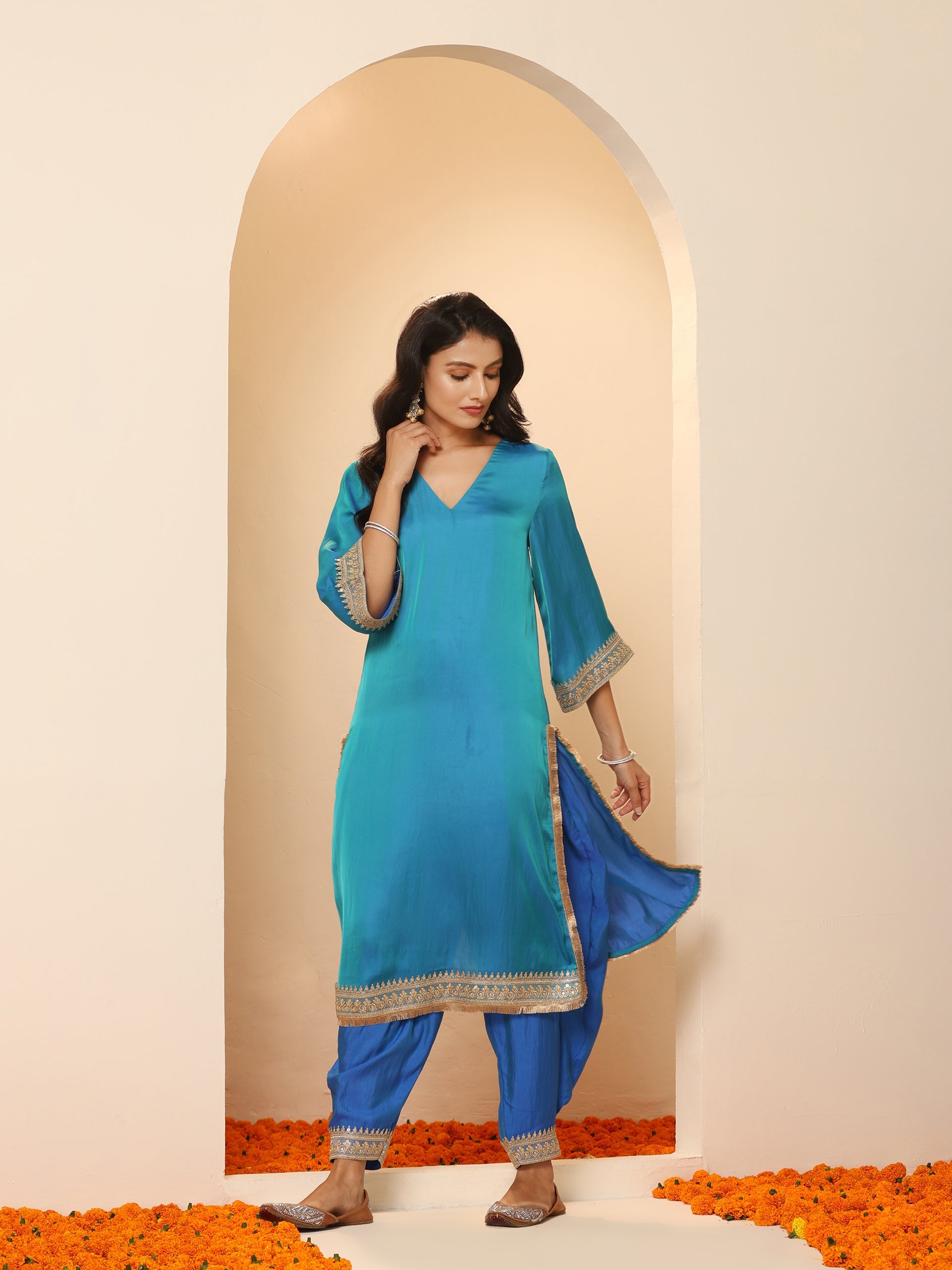 Dhiyona ST Women's Sapphire Blue Kurta with Pyjama and Laces 2 Piece Set | A-Line, V Neck, 3/4 Sleeves, Pyjama, Festive Wear, (Satin)
