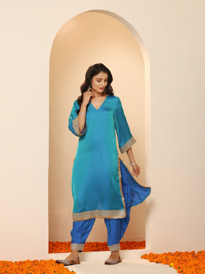 Dhiyona ST Women's Sapphire Blue Kurta with Pyjama and Laces 2 Piece Set | A-Line, V Neck, 3/4 Sleeves, Pyjama, Festive Wear, (Satin)