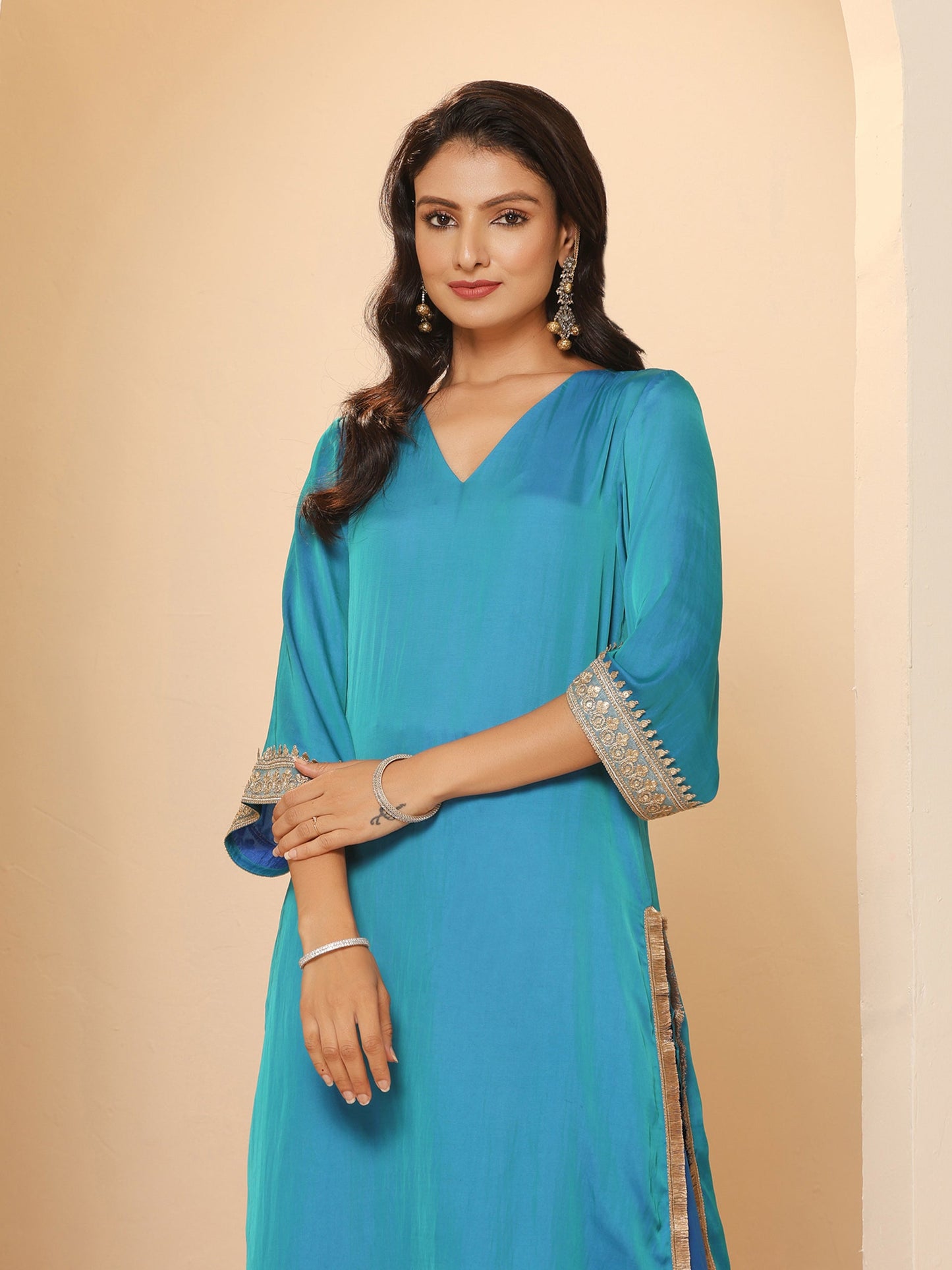Dhiyona ST Women's Sapphire Blue Kurta with Pyjama and Laces 2 Piece Set | A-Line, V Neck, 3/4 Sleeves, Pyjama, Festive Wear, (Satin)