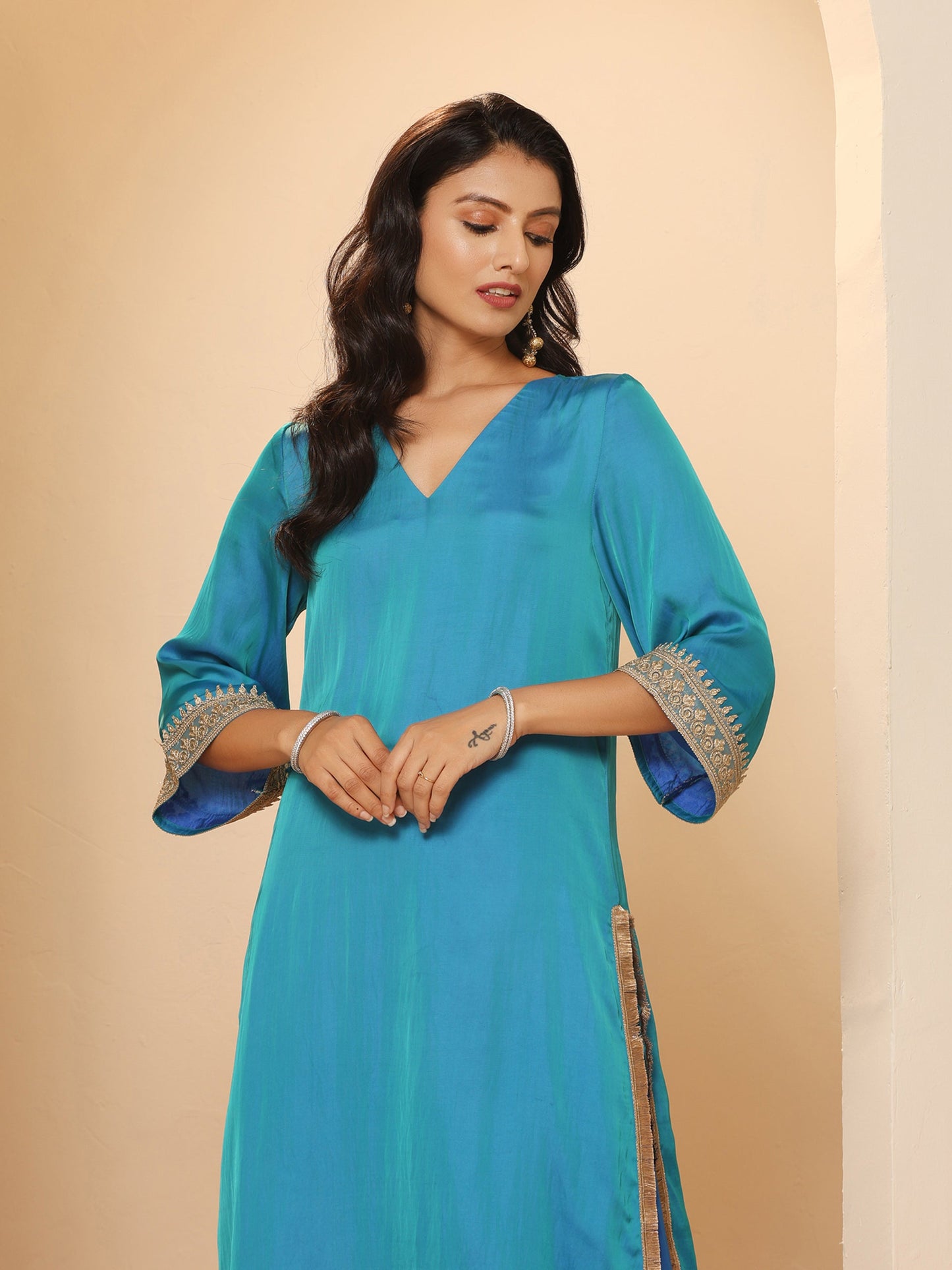 Dhiyona ST Women's Sapphire Blue Kurta with Pyjama and Laces 2 Piece Set | A-Line, V Neck, 3/4 Sleeves, Pyjama, Festive Wear, (Satin)