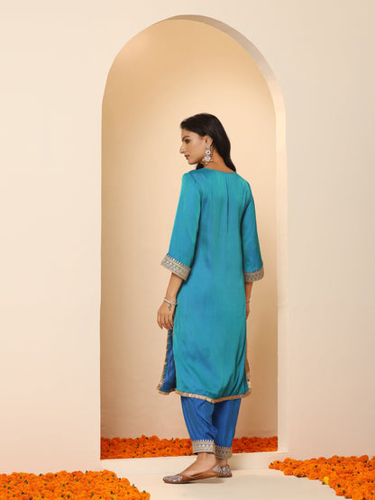 Dhiyona ST Women's Sapphire Blue Kurta with Pyjama and Laces 2 Piece Set | A-Line, V Neck, 3/4 Sleeves, Pyjama, Festive Wear, (Satin)