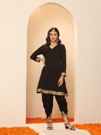 Dhiyona ST Women's Black and Gold Sequin Kurta with Pants 2 Piece Set | A-Line, V Neck, Full Sleeves, Pants, Festive Wear, (Sequin)