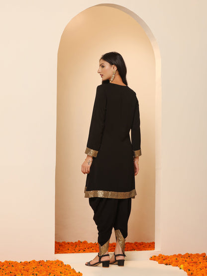 Dhiyona ST Women's Black and Gold Sequin Kurta with Pants 2 Piece Set | A-Line, V Neck, Full Sleeves, Pants, Festive Wear, (Sequin)