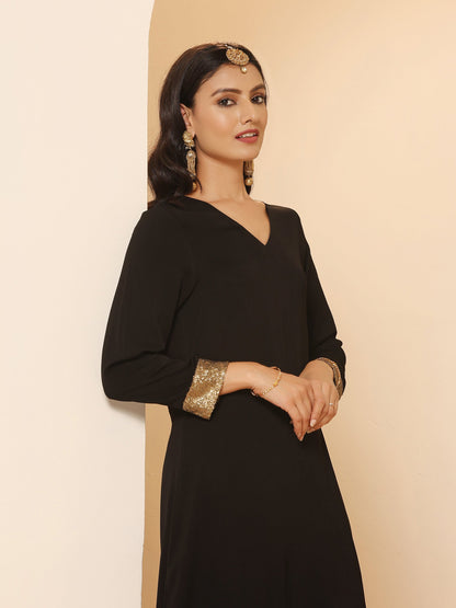 Dhiyona ST Women's Black and Gold Sequin Kurta with Pants 2 Piece Set | A-Line, V Neck, Full Sleeves, Pants, Festive Wear, (Sequin)