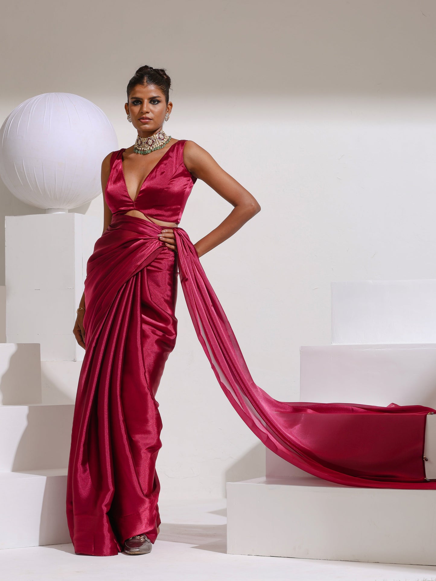 Dhiyona ST Wine Galaxy Organza Saree with Beads and Self Blouse Fabric