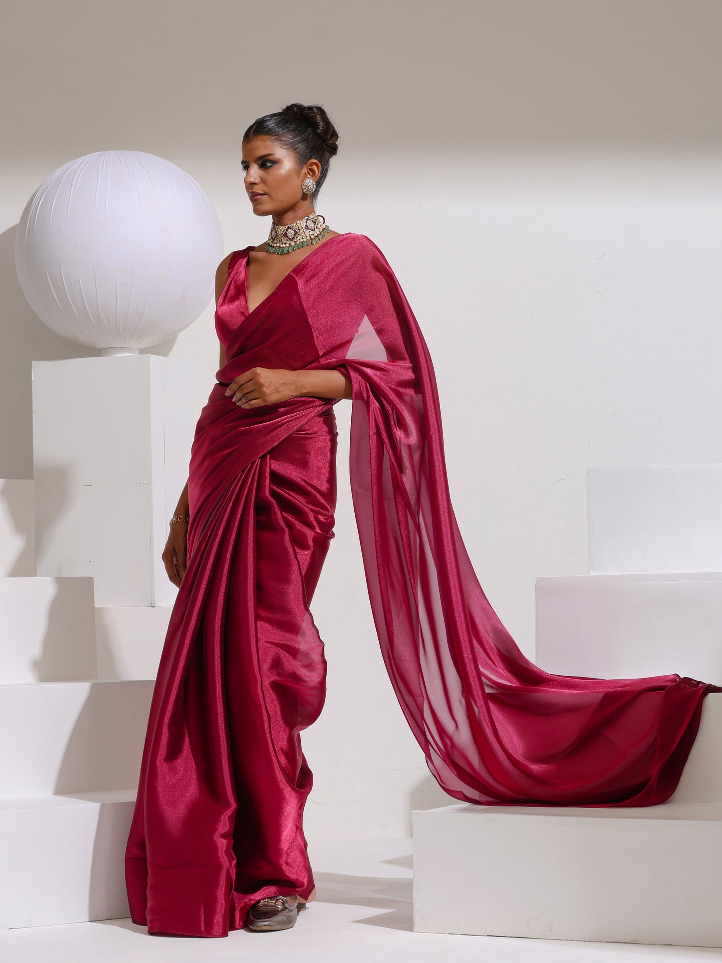 Dhiyona ST Wine Galaxy Organza Saree with Beads and Self Blouse Fabric