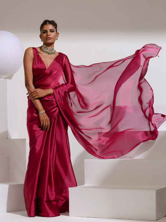 Dhiyona ST Wine Galaxy Organza Saree with Beads and Self Blouse Fabric