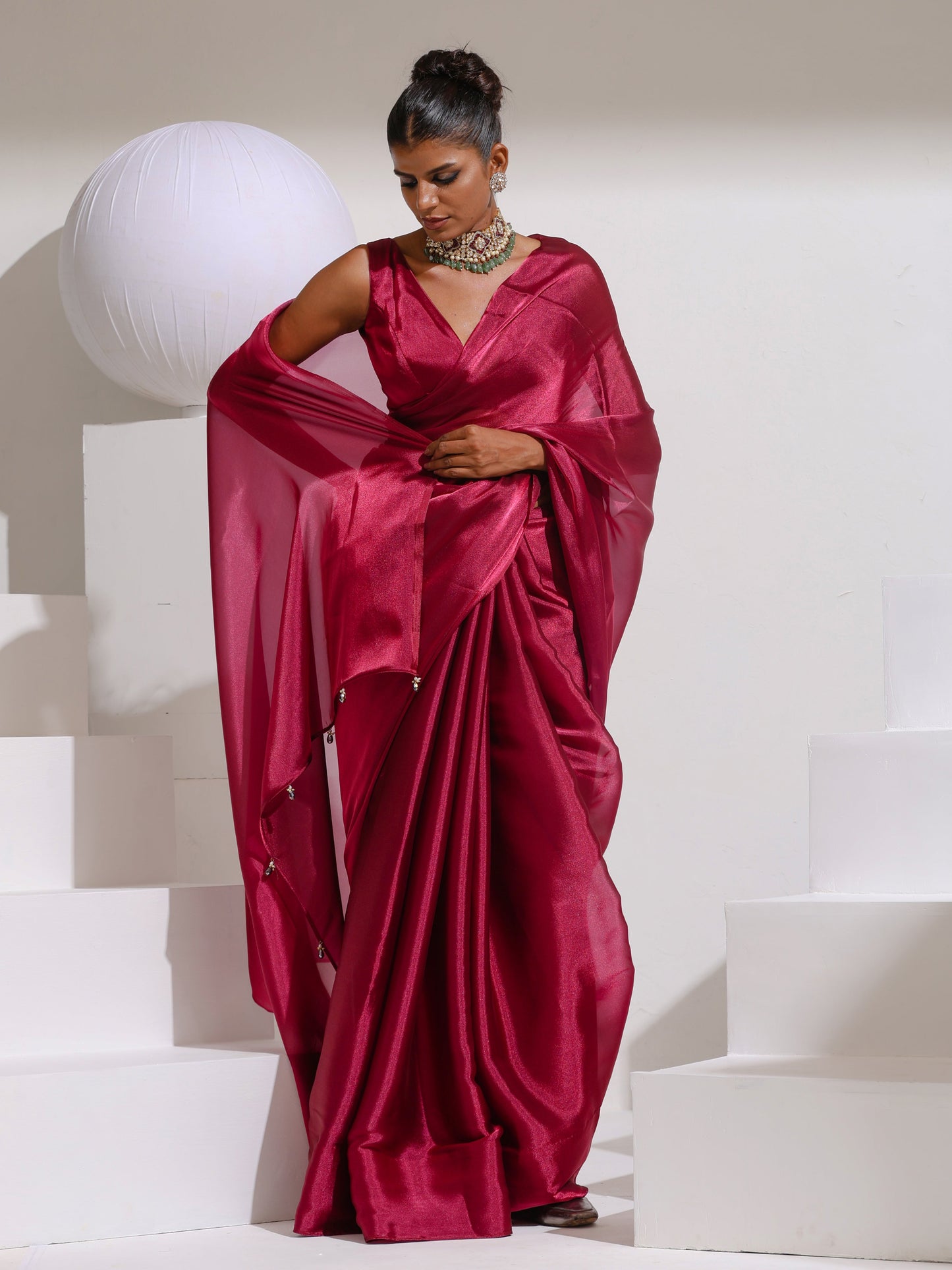 Dhiyona ST Wine Galaxy Organza Saree with Beads and Self Blouse Fabric