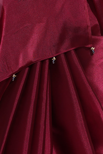 Dhiyona ST Wine Galaxy Organza Saree with Beads and Self Blouse Fabric