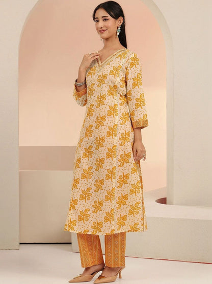 Off White Floral Printed Cotton Straight Suit Set