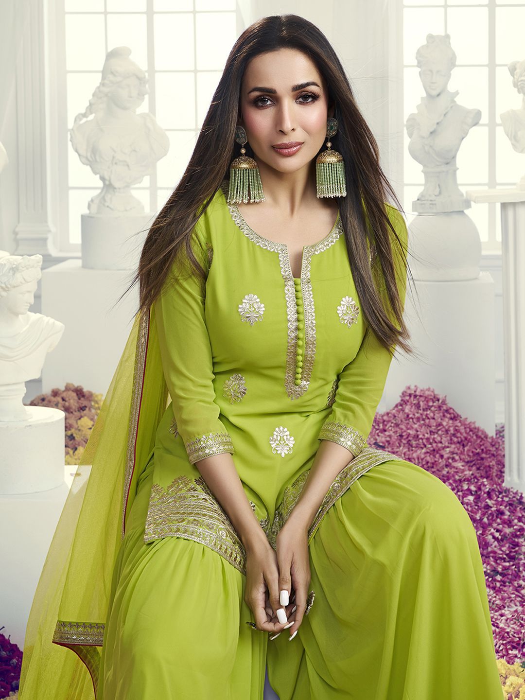 Dhiyona IN Floral Embroidered Notch Neck Georgette Straight Kurta With Sharara & Dupatta