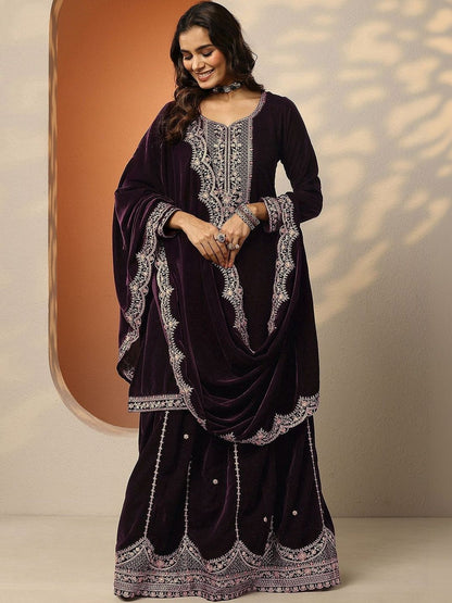 Dhiyona LL Women Ethnic Motifs Embroidered Regular Thread Work Velvet Kurta with Sharara & With Dupatta
