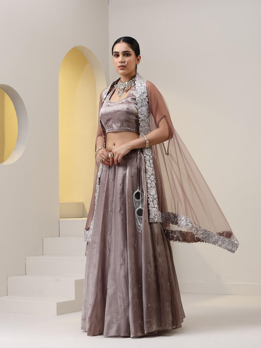 Dhiyona ST 3 pc SET - Rose Pearl Lehenga ,Blouse Fabric with Diamond studs, and Net dupatta with Lace