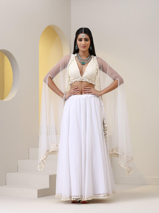 Dhiyona ST 3 pc SET - White Gold Princess Chiffon Lehenga with Cowrie lace , All over embroiderred Blouse and Net Dupatta