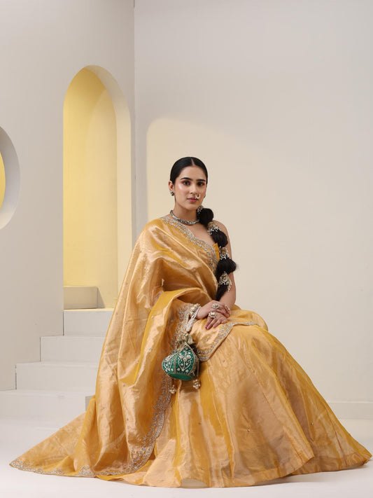 Dhiyona ST 3 pc SET - Haldi Banaras Tissue Beaded Lehenga with Cut Dana Embroidered Dupatta and Blouse Fabric