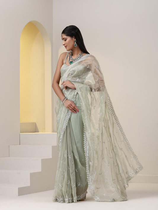 Dhiyona ST Cat's Eye Sage Organza Saree with Leaf Cut Dana Embroidery also on Blouse Fabric