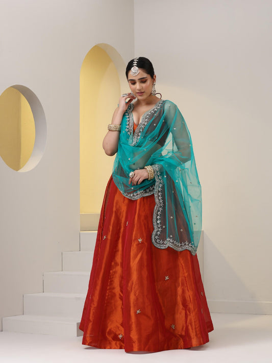 Dhiyona ST 3 pc SET - Fire Blue Banarasi Tissue Lehenga with Zardozi with Net Hand embroidered Dupatta and Blouse Fabric