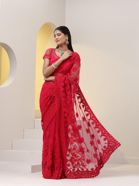 Dhiyona ST Pink Net Saree with All over Thick Scallop Embroidery and Shiny Dots with Blouse Fabric