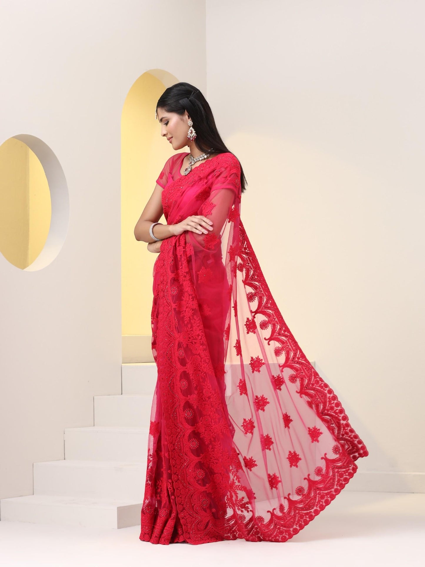 Dhiyona ST Pink Net Saree with All over Thick Scallop Embroidery and Shiny Dots with Blouse Fabric