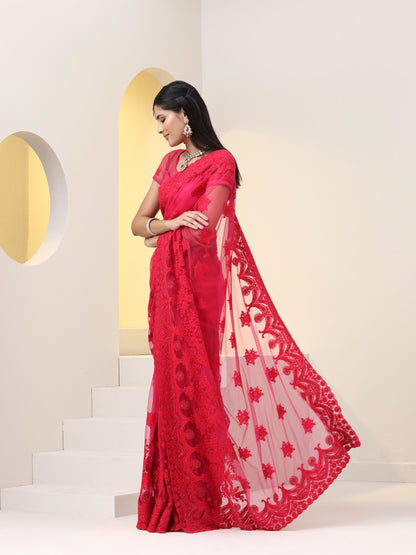 Dhiyona ST Pink Net Saree with All over Thick Scallop Embroidery and Shiny Dots with Blouse Fabric