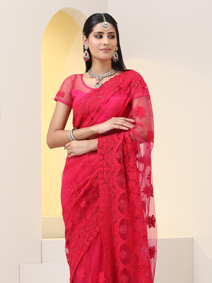 Dhiyona ST Pink Net Saree with All over Thick Scallop Embroidery and Shiny Dots with Blouse Fabric