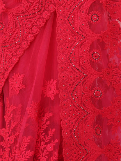 Dhiyona ST Pink Net Saree with All over Thick Scallop Embroidery and Shiny Dots with Blouse Fabric