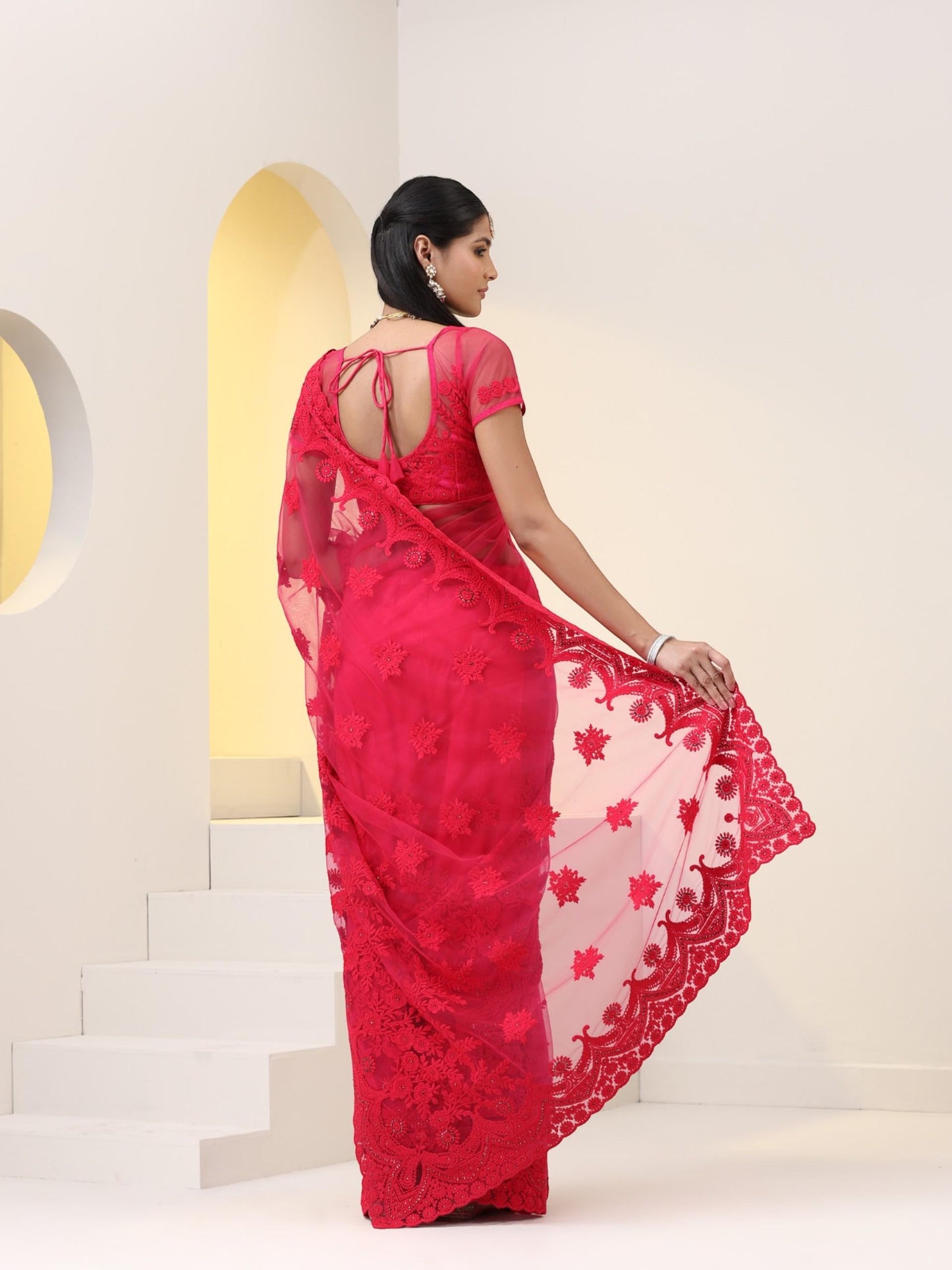 Dhiyona ST Pink Net Saree with All over Thick Scallop Embroidery and Shiny Dots with Blouse Fabric