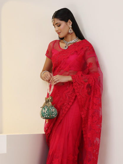 Dhiyona ST Pink Net Saree with All over Thick Scallop Embroidery and Shiny Dots with Blouse Fabric