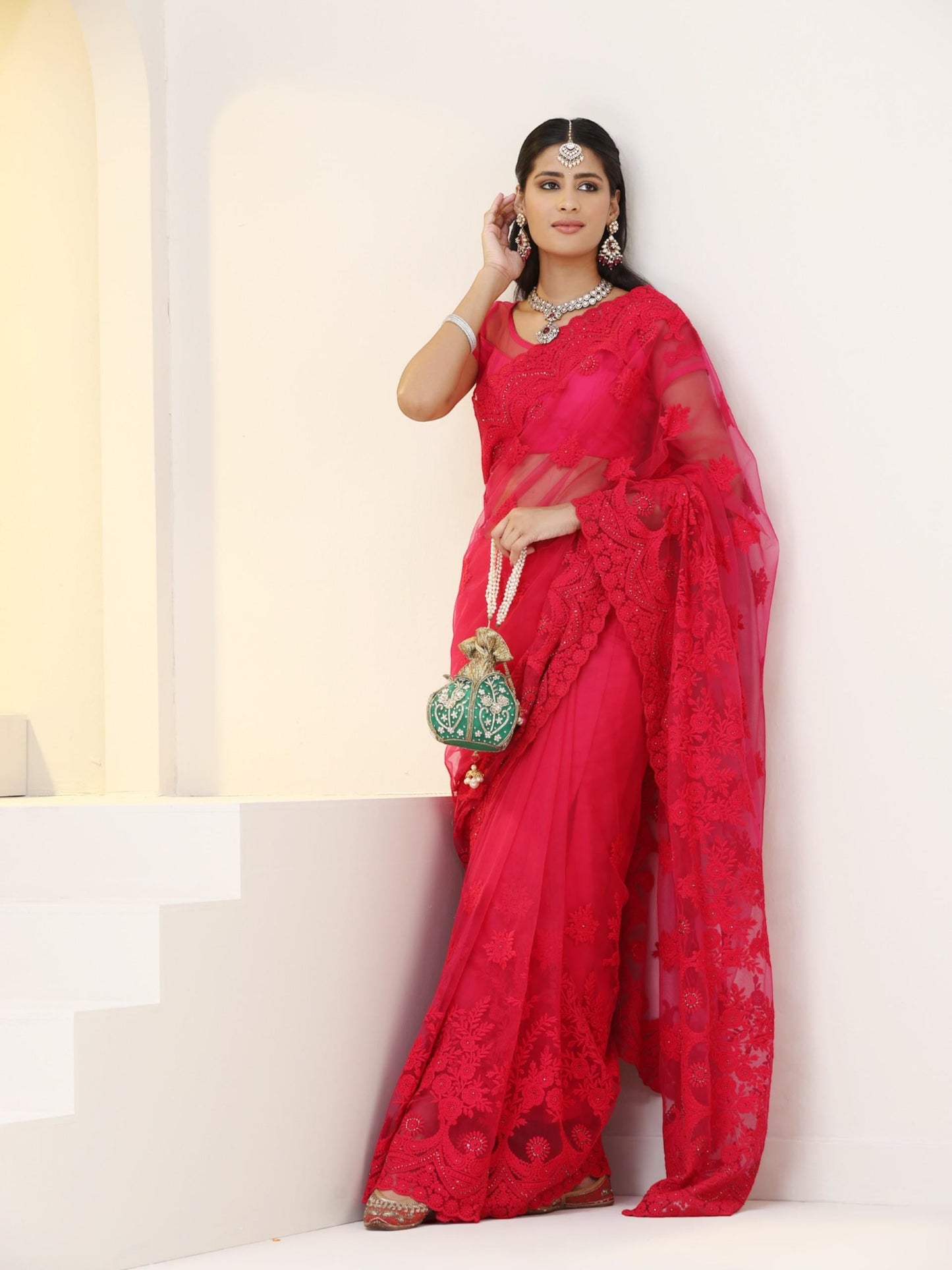 Dhiyona ST Pink Net Saree with All over Thick Scallop Embroidery and Shiny Dots with Blouse Fabric