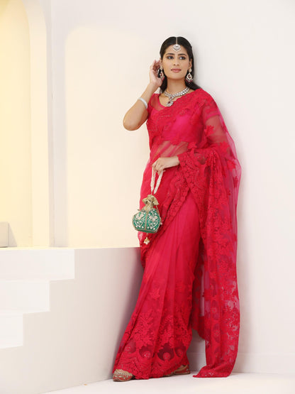 Dhiyona ST Pink Net Saree with All over Thick Scallop Embroidery and Shiny Dots with Blouse Fabric