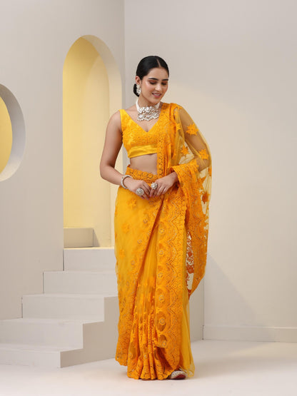 Dhiyona ST Yellow Net Saree with All over Thick Scallop Embroidery and Shiny Dots with Blouse Fabric
