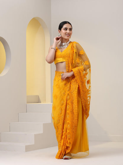 Dhiyona ST Yellow Net Saree with All over Thick Scallop Embroidery and Shiny Dots with Blouse Fabric