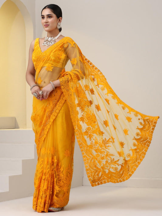 Dhiyona ST Yellow Net Saree with All over Thick Scallop Embroidery and Shiny Dots with Blouse Fabric