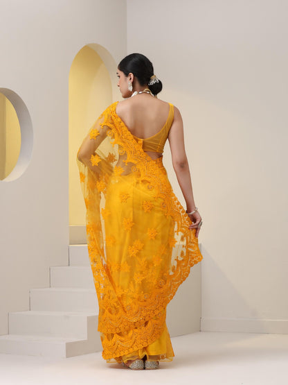 Dhiyona ST Yellow Net Saree with All over Thick Scallop Embroidery and Shiny Dots with Blouse Fabric