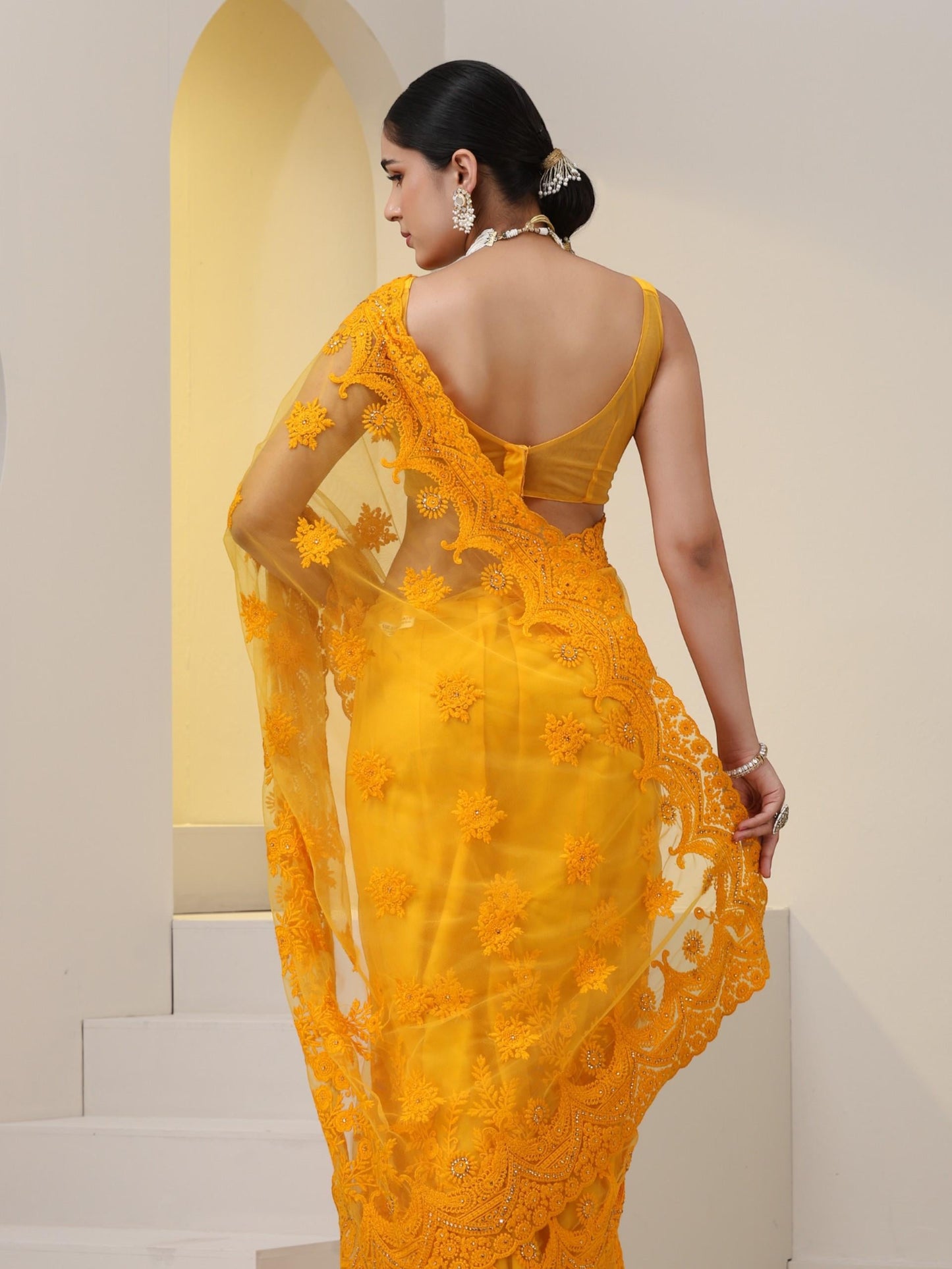 Dhiyona ST Yellow Net Saree with All over Thick Scallop Embroidery and Shiny Dots with Blouse Fabric