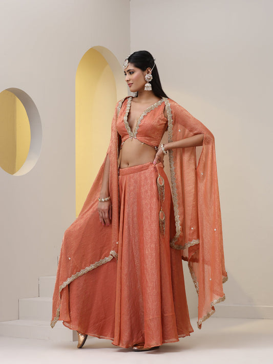 Dhiyona ST 3 pc SET - Peach Paisley Sharara with Blouse Fabric and Jacket with Beading
